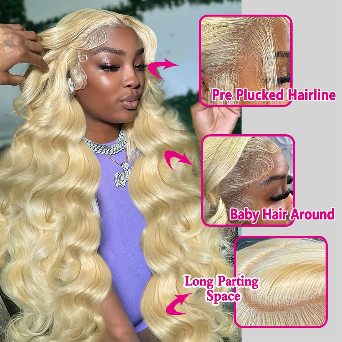 Detalle 2 de Jewhaut 613 13x6 Lace Front Wig Human Hair 28 Inch Body Wave Blonde 613 HD Transparent Lace Frontal Wig