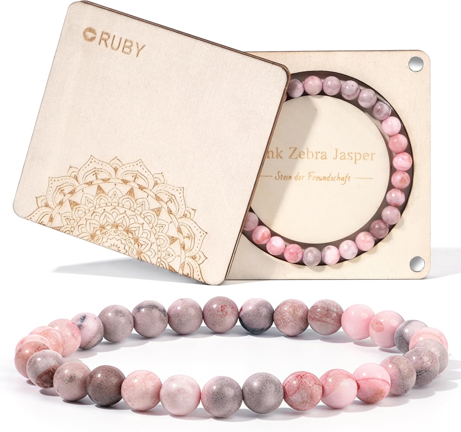 Detalle de RUBY 6mm Heilstein Armband für Damen – Pink Zebra Jasper, handmade mit reparaturset und Geschenkbox