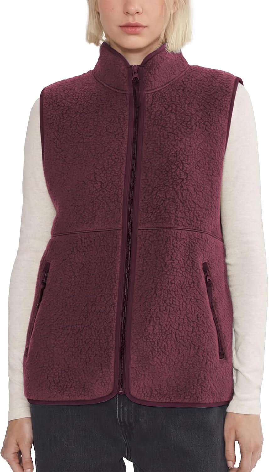 Detalle de Hixiaohe Women's Sherpa Fleece Vest, Lightweight Zip-Up with Mock Neck and Pockets