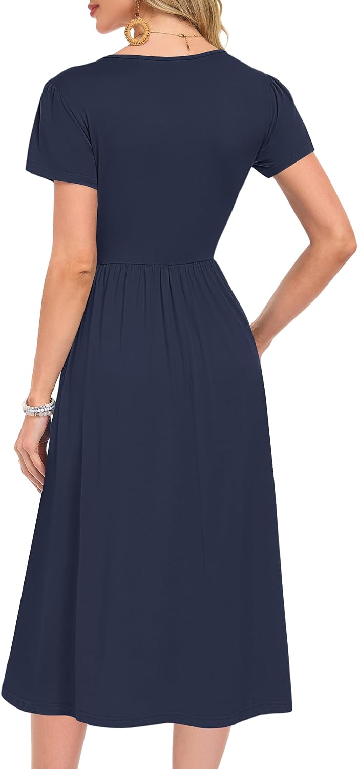 Detalle de Molerani Damen Sommerkleider – Kurzarm Rundhals Midikleid mit Tasche, A‑Linie, knie-lang
