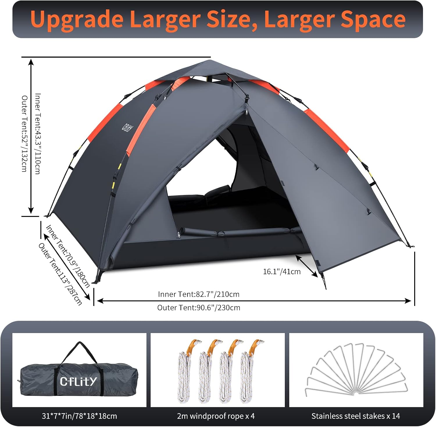 Detalle 2 de Cflity Camping Tent 3-Man Instant Pop Up Dome (Waterproof, Removable Rain-Fly, 2 Extensible Porches)