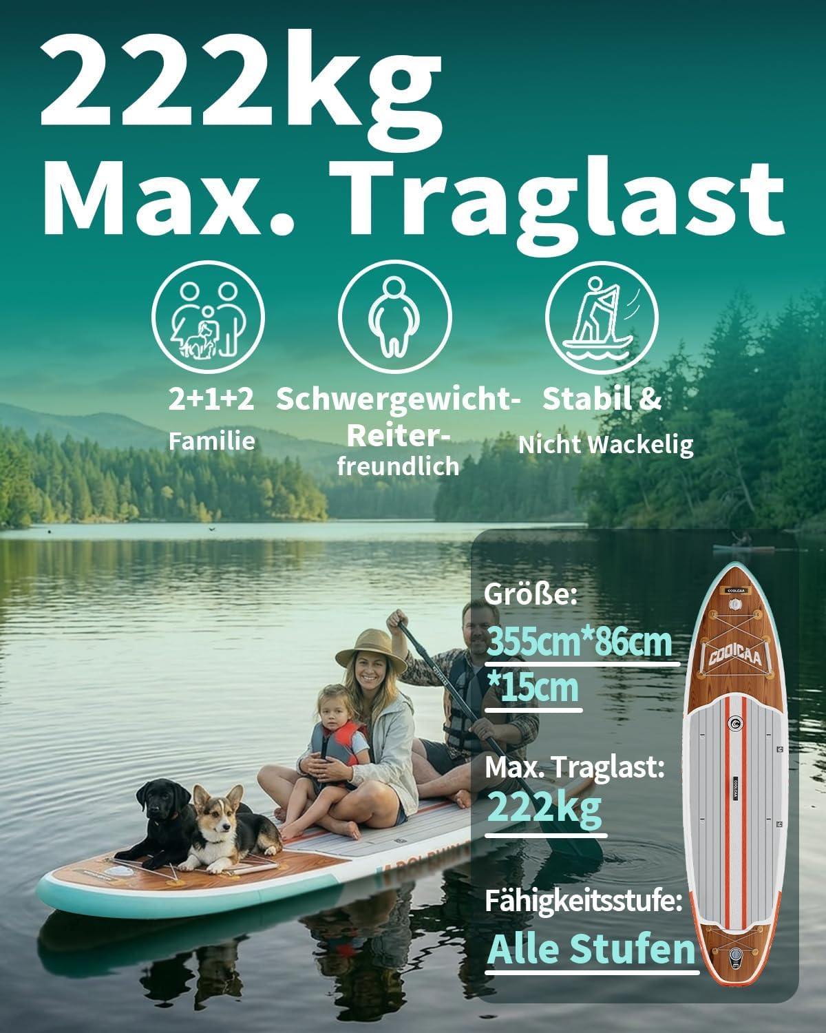 Detalle de COOLCAA SUP Board 355 cm – Extra Großes aufblasbares Stand-Up Paddle Board Set