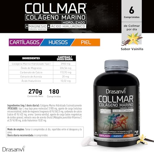 Detalle de Drasanvi COLLMAR Colágeno Marino Hidrolizado con Ácido Hialurónico, Magnesio y Vitamina C Natural – 180 comprimidos