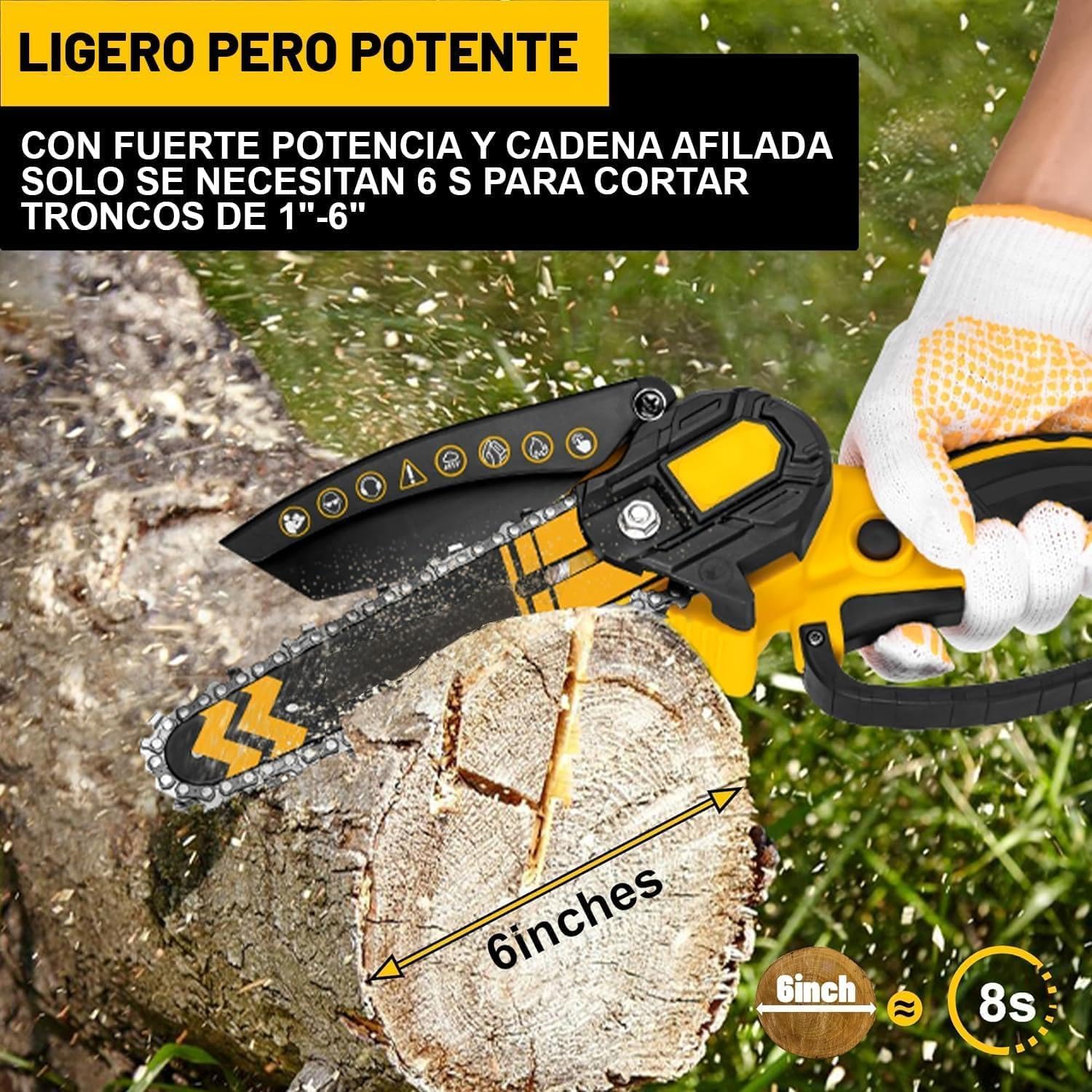 Detalle de Enlik Mini Motosierra Batería 6" 1000 W con 2 baterías: útil para poda y cortes ligeros