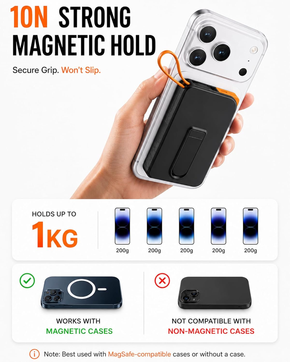Detalle de for Magsafe 10000mAh Power Bank with Foldable Magnetic Stand & Built-in USB-C Cable (Black)