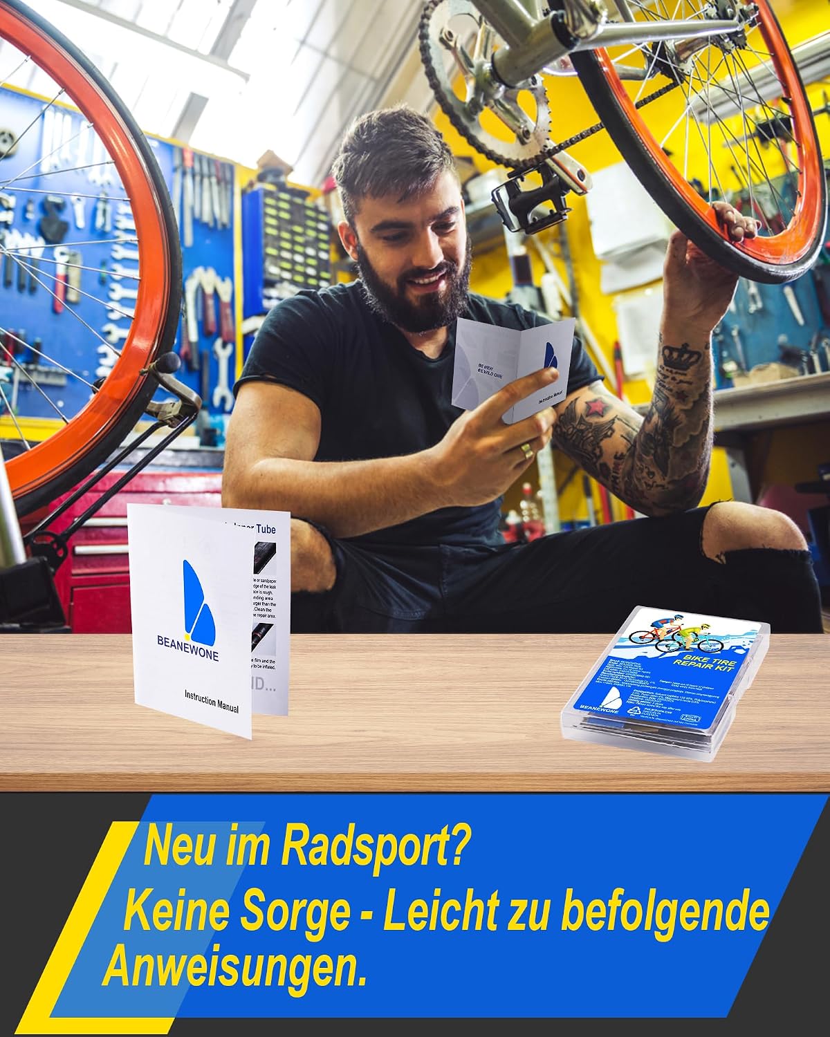 Detalle 2 de Beanewone Flickzeug Fahrrad – Fahrrad-Reparaturset mit 18 Flicken, Gummilösungen, Reifenhebern und Metallfeile