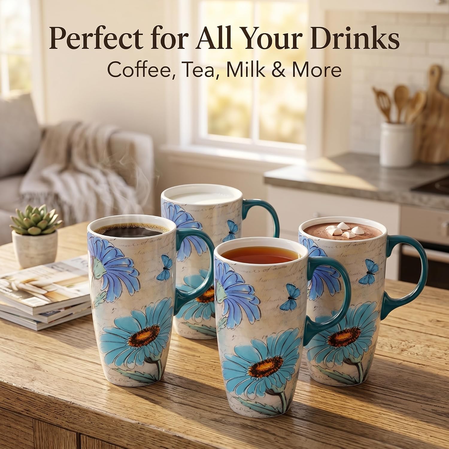 Detalle de Topadorn Ceramic Travel Mug with Spill-Resistant Lid, 17oz (500ml) in Blue Daisy Print