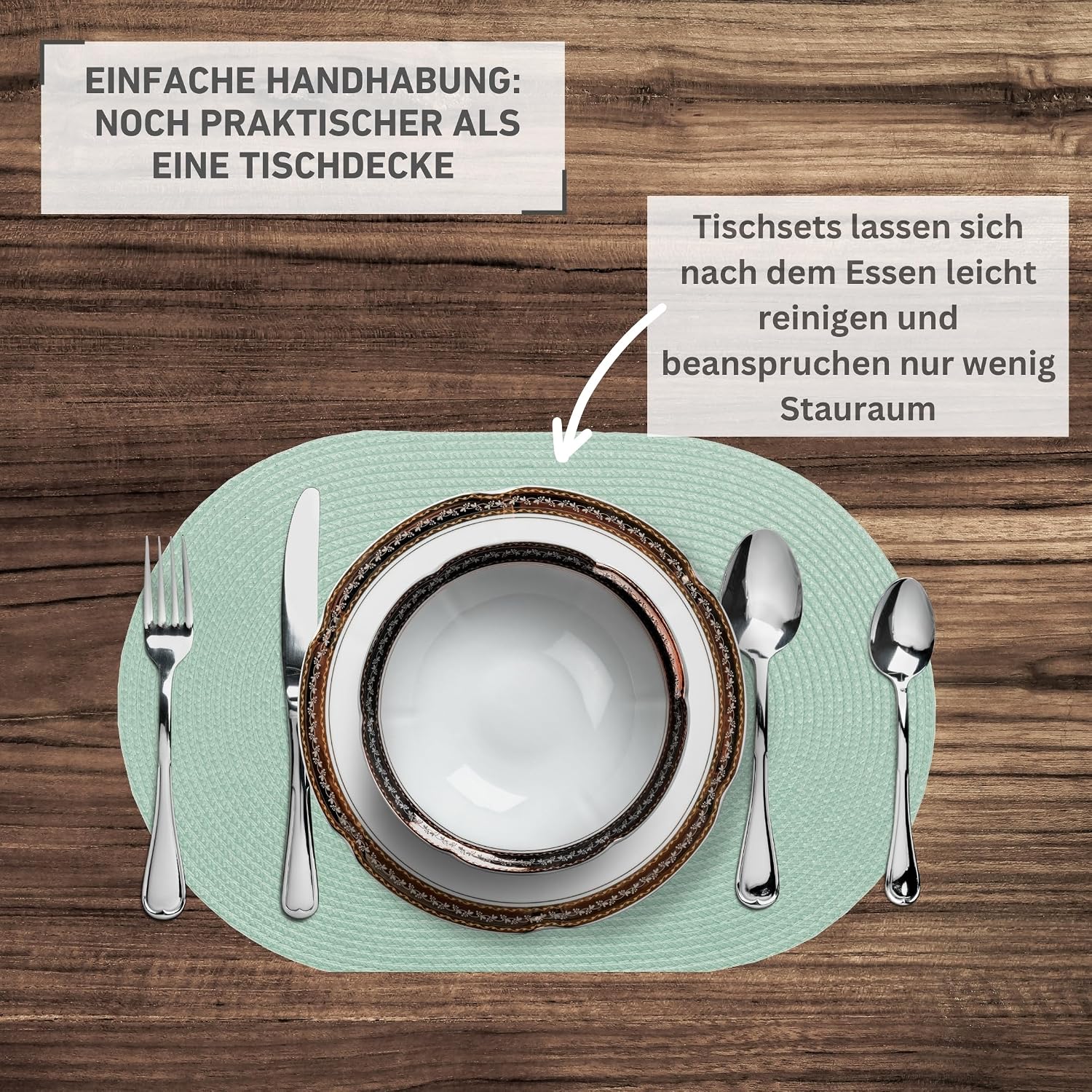Thumbnail 4 de Venilia Tischset Grün Rund 45 x 30 cm – elegantes Platzset aus gewebtem Material, lebensmittelecht