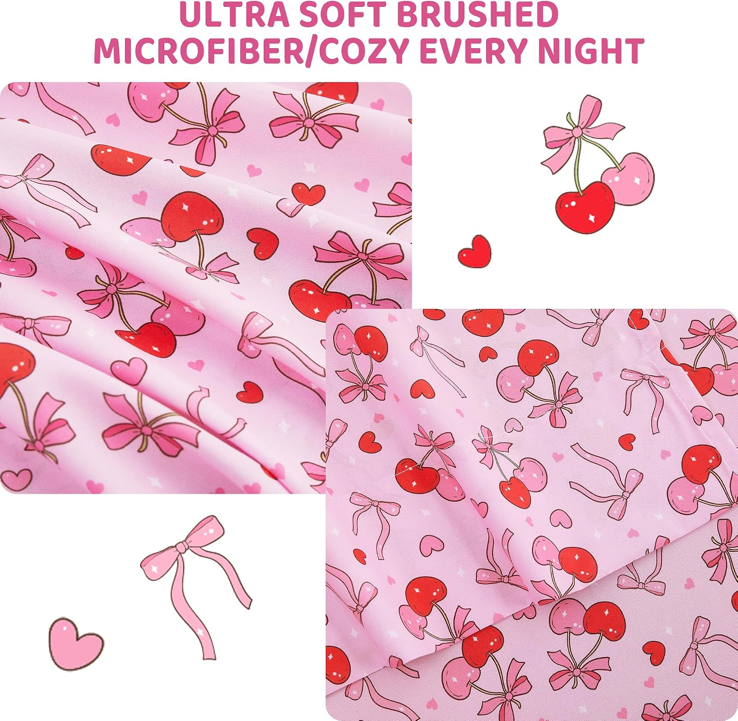 Thumbnail 3 de Viviland Full Sheet Set for Kids, Pink Cherry Bow Microfiber, 15-Inch Pocket