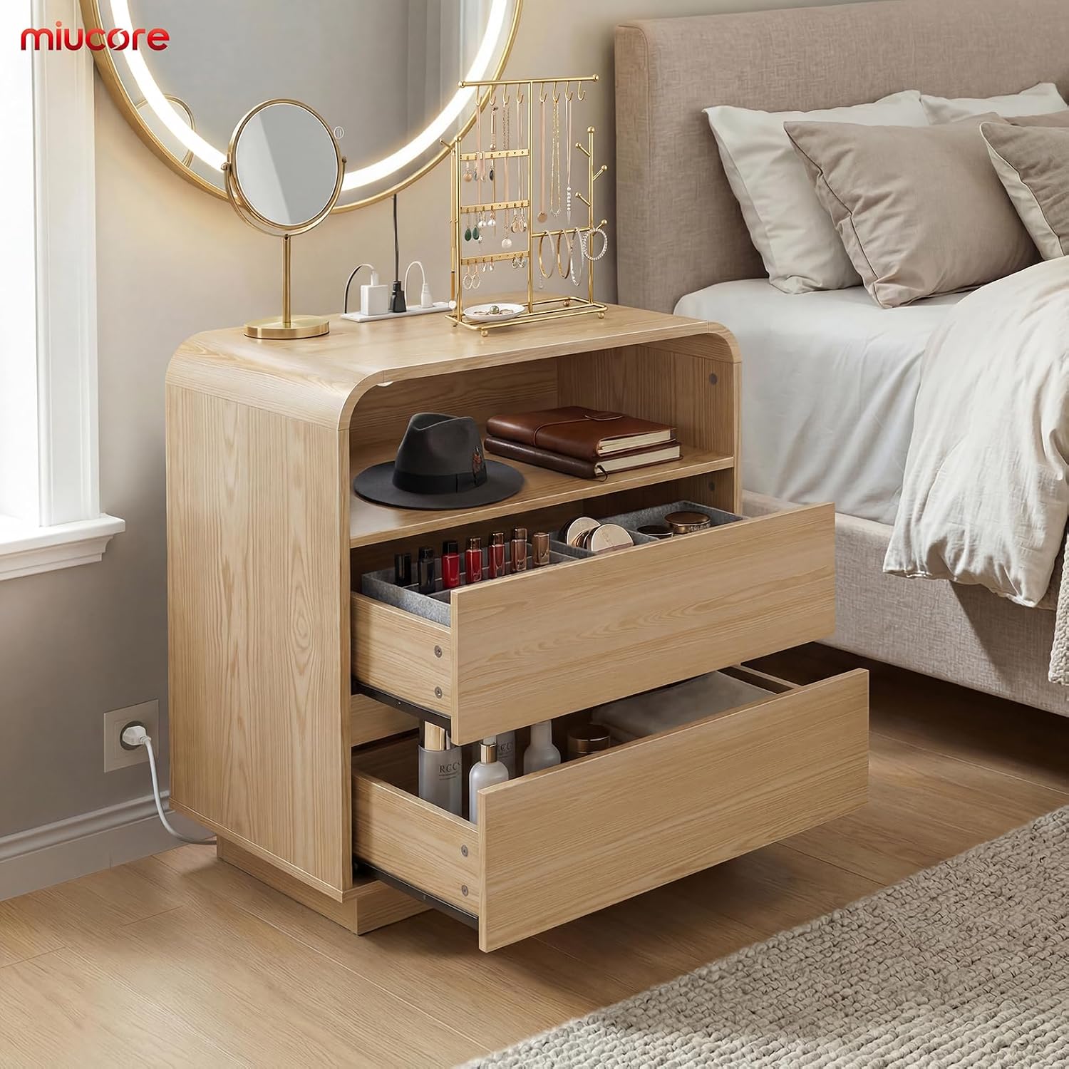 Thumbnail 6 de Miucore FN-NS002 Natural Oak Nightstand with Charging Station and 2 Drawers