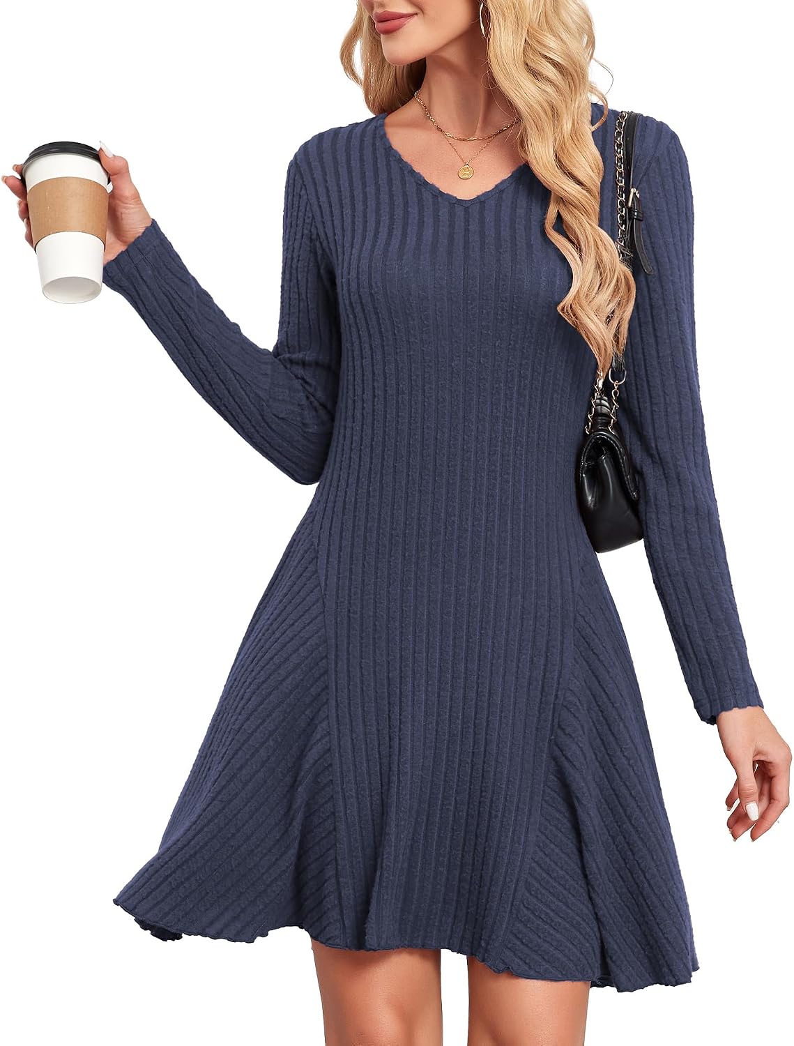 Detalle de SENBATU Robe tricotée pour femmes – Robe pull d’automne élégante à manches longues et col en V