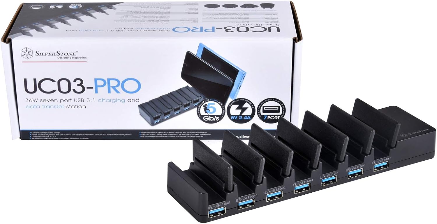 Detalle de SilverStone SST-UC03B-PRO – 7-portowa stacja USB 36 W do ładowania i transferu danych