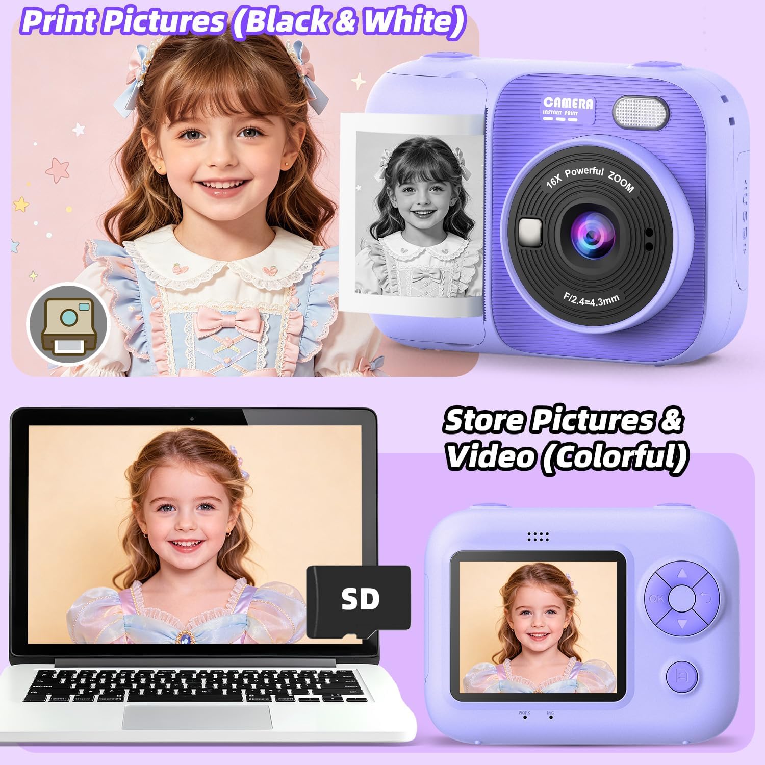 Thumbnail 5 de HOOMOON P97 Kids Instant Print Camera, 1080p Video, 5 Paper Rolls, Purple