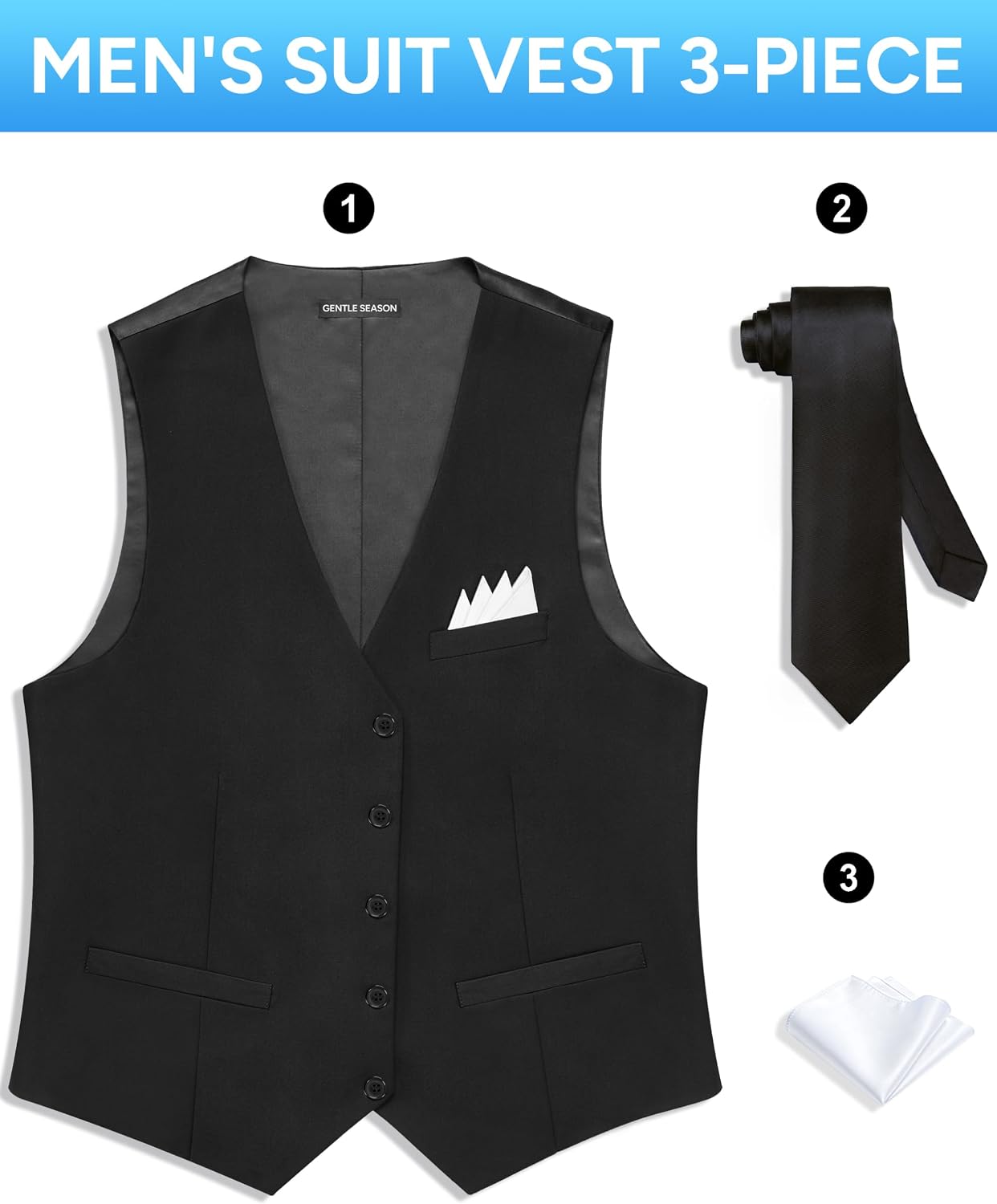 Detalle de Gentle Season Mens Vest Suit: Slim-Fit Formal Vest with Tie & Pocket Square