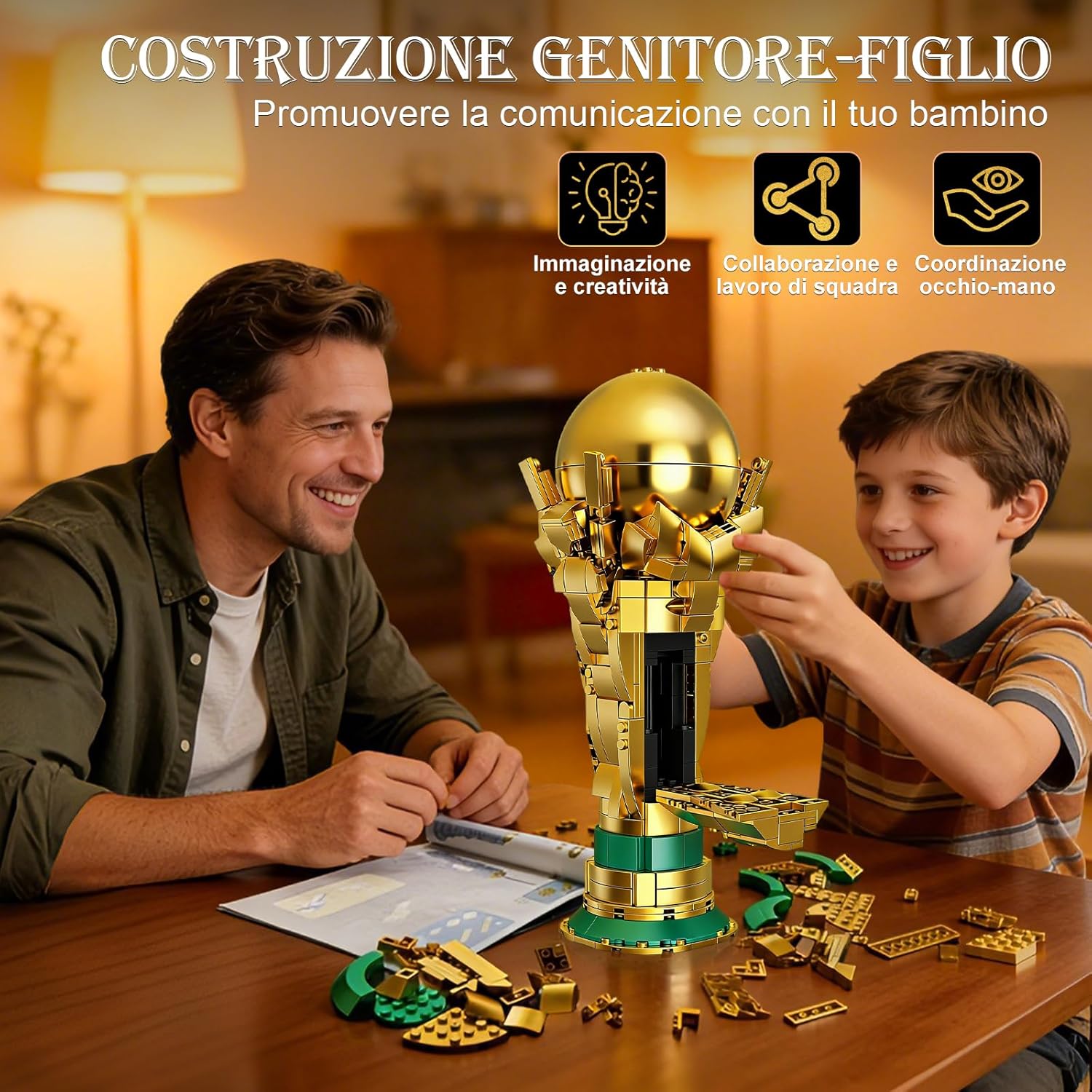 Detalle 2 de Kit di Montaggio del Trofeo da Calcio per Bambini – Modello STEM, Trofeo d'Oro con Sfera Apribile e Palloni Nascosti (26,5 cm)