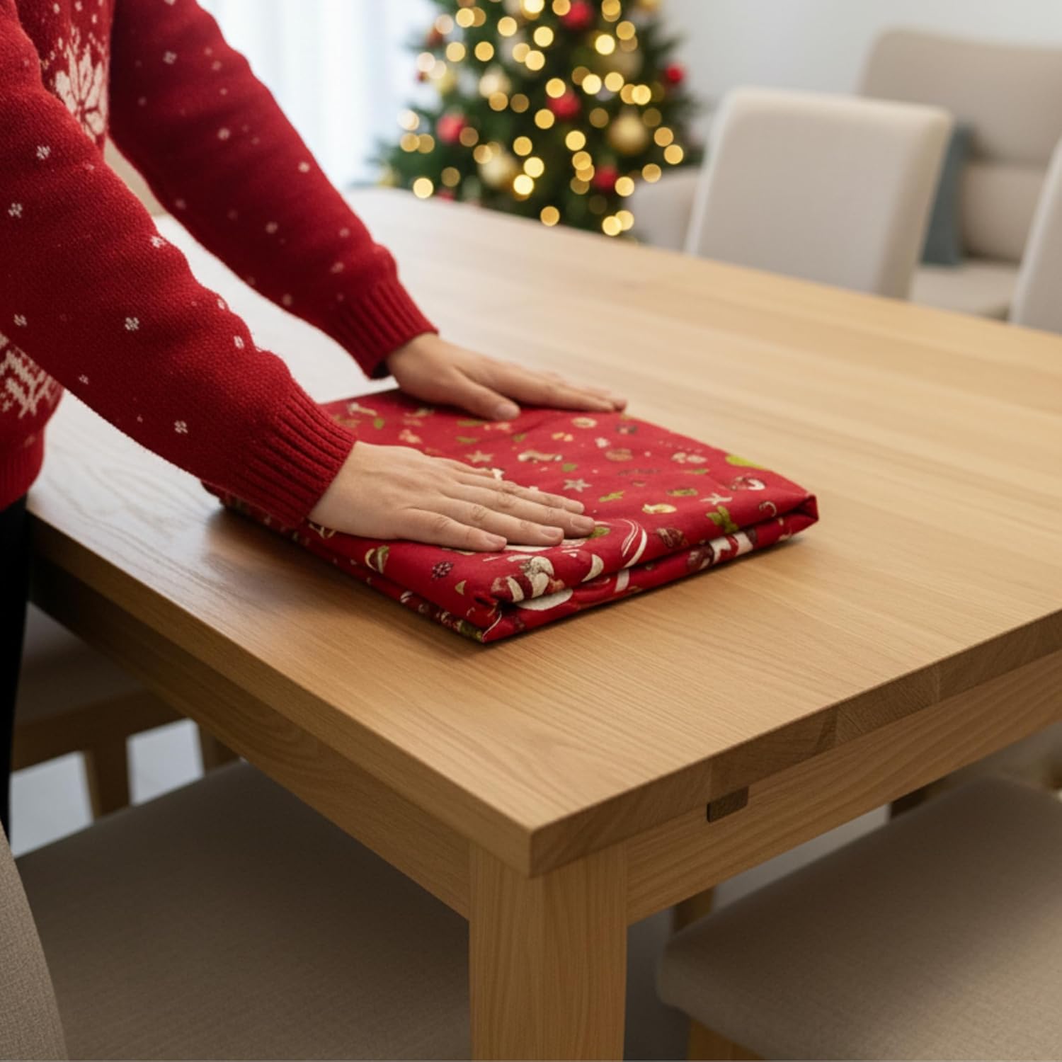 Thumbnail 5 de Nappe de Noël o-day rectangulaire en coton ou polyester — 12 places 140x240 cm, Rouge • Magie des Cadeaux, fabriquée en Italie