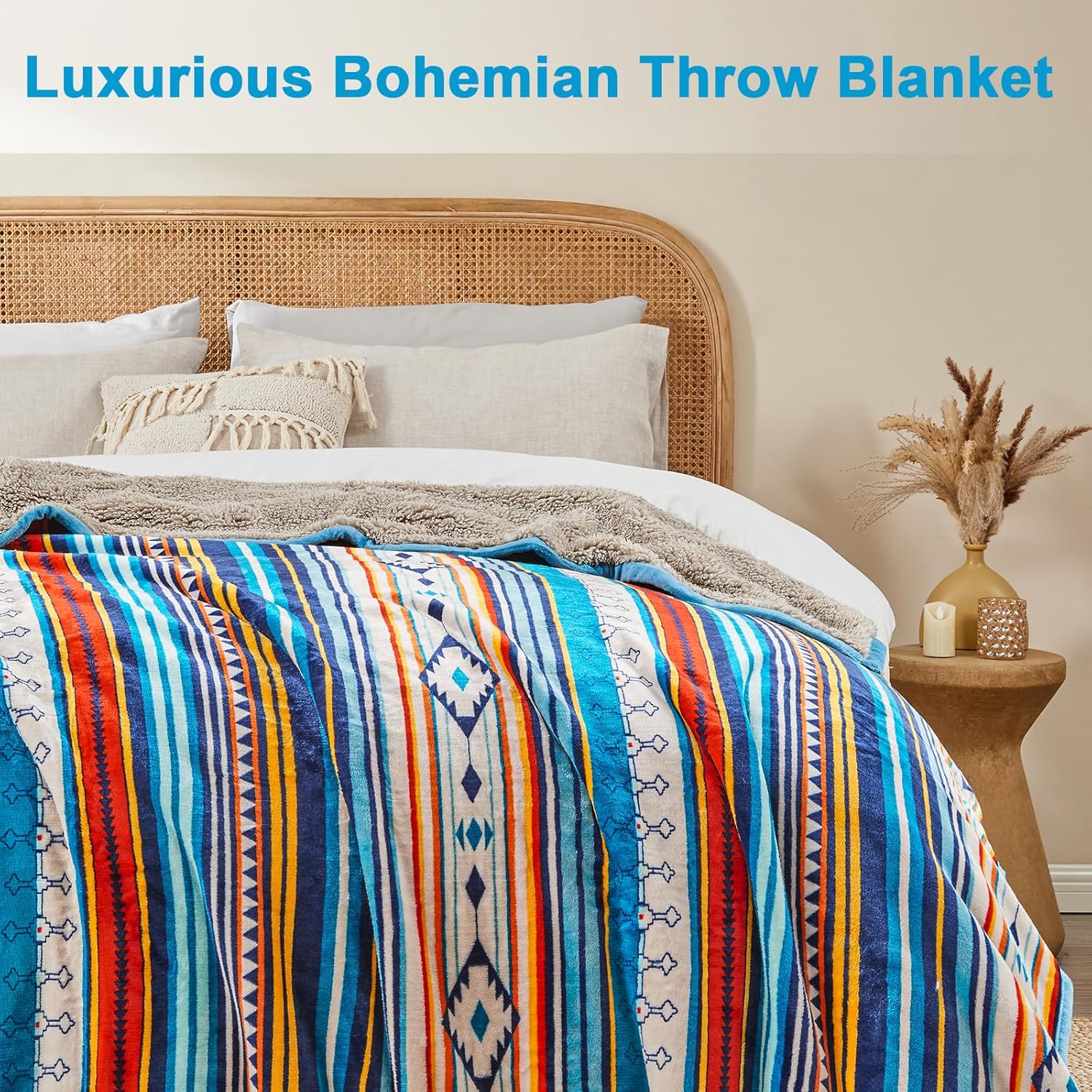 Thumbnail 1 de Qucover Flannel Fleece Throw Blanket in Bohemian Blue Stripe (Reversible Sherpa) – 150x200cm