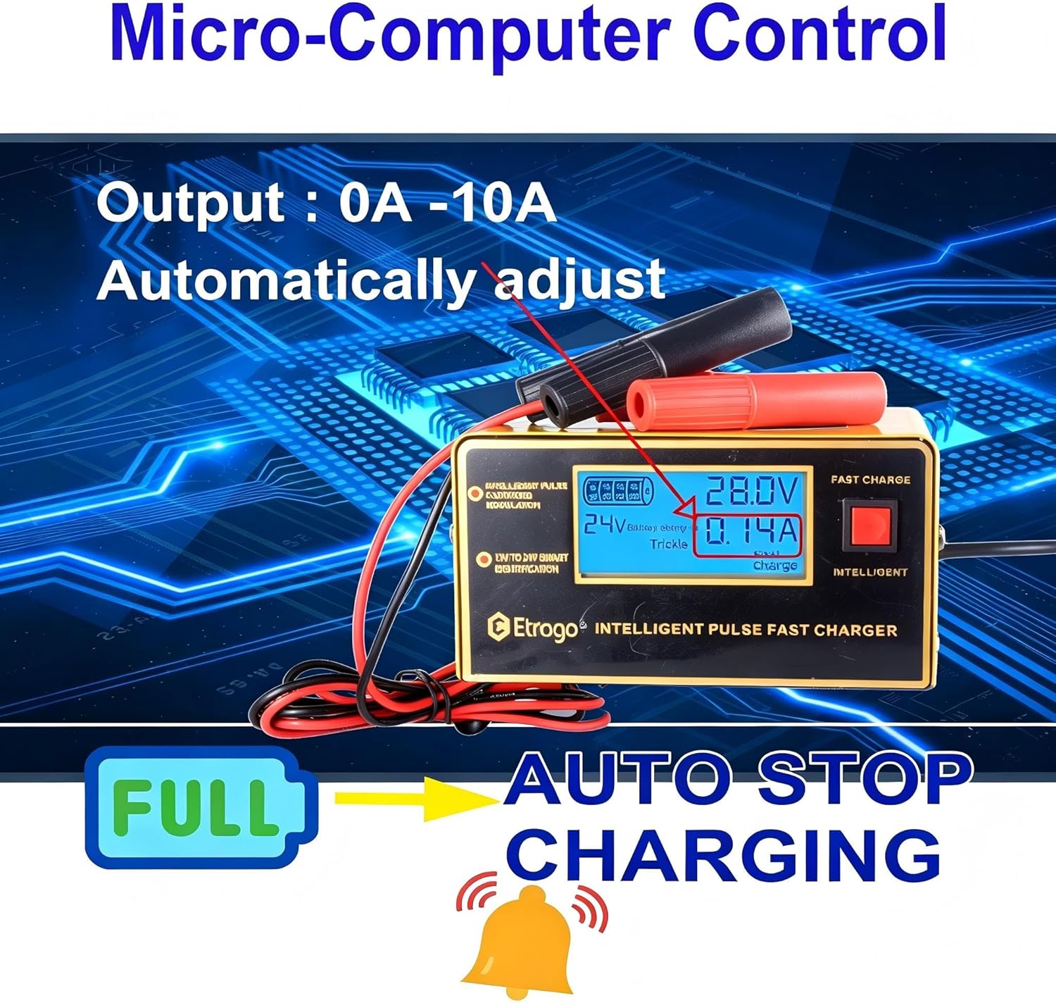 Thumbnail 1 de Etrogo 12V/24V Intelligent Battery Charger 10A with Large Display and Repair Function (UK mains)