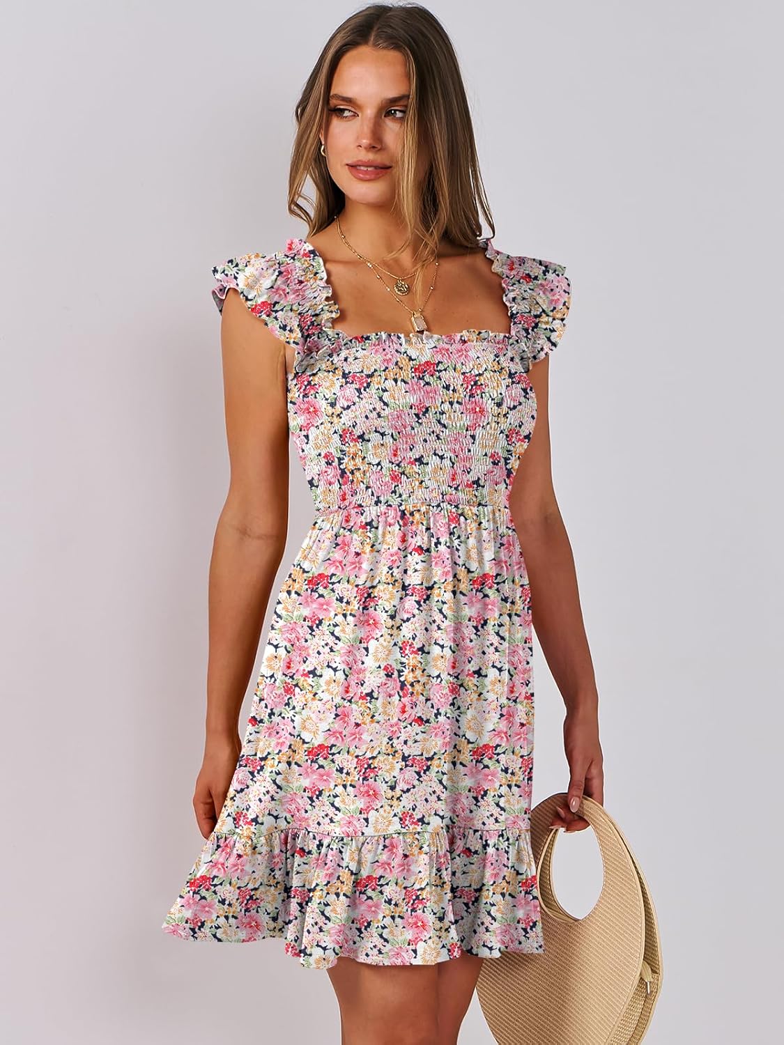Detalle de ANRABESS Women’s Summer Sleeveless Square-Neck Smocked Ruffle Backless Dress (Boho/Beach)