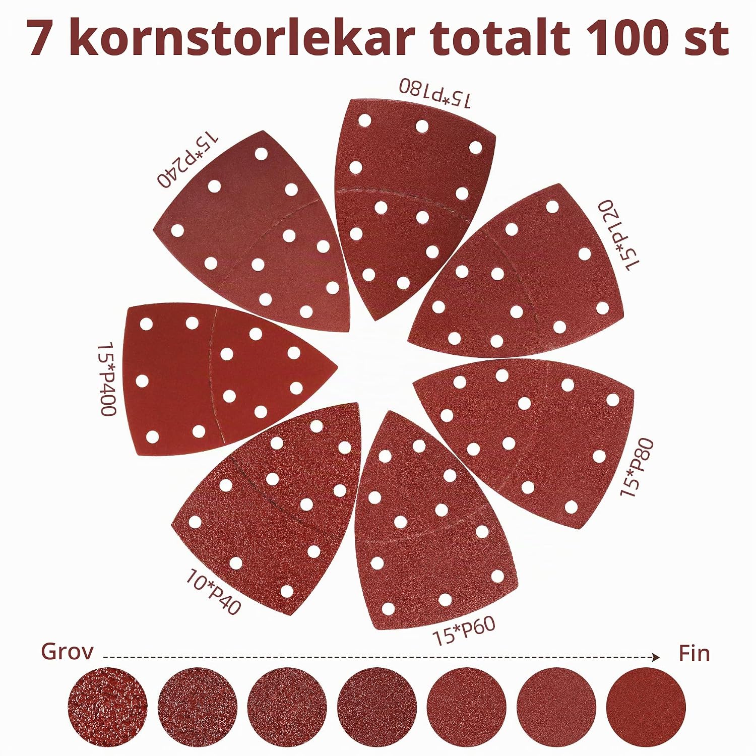 Detalle de Jokisa triangulärt slippapper, 100-pack, 105 × 152 mm med sju kornstorlekar