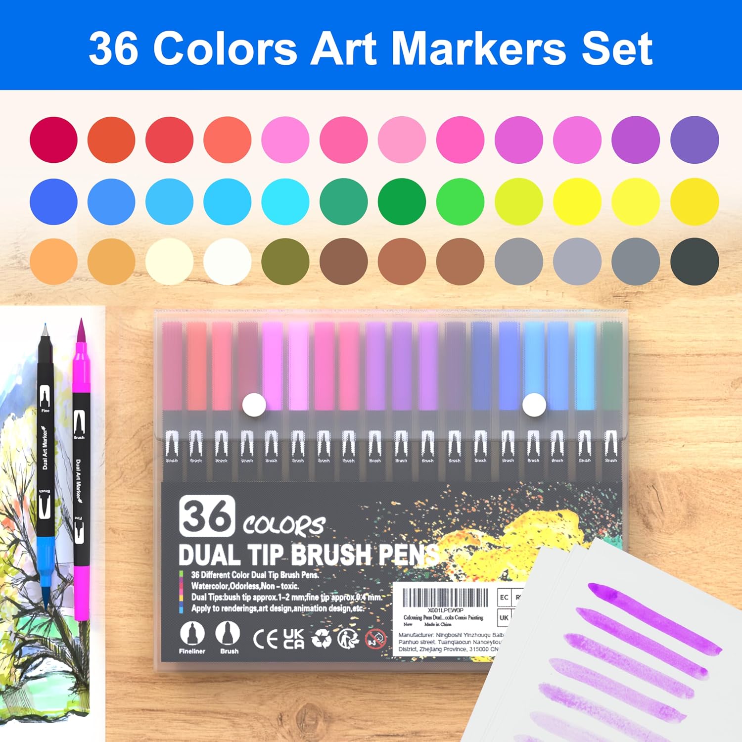 Detalle 2 de Halobios Dual Tip Brush Pens, 36 Colour Colouring Pens – Fine Liner and Brush Markers for Drawing and Calligraphy