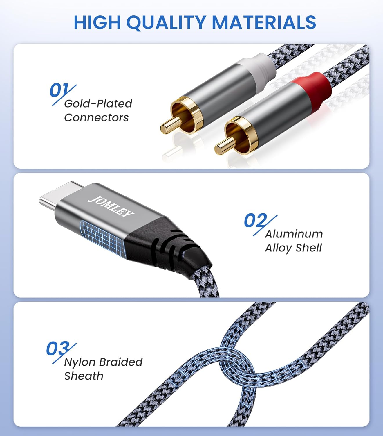 Detalle de JOMLEY USB C to RCA Audio Cable (6.6ft) – USB Type-C to Dual RCA Y-Splitter for Laptops, Smartphones & Audio Gear