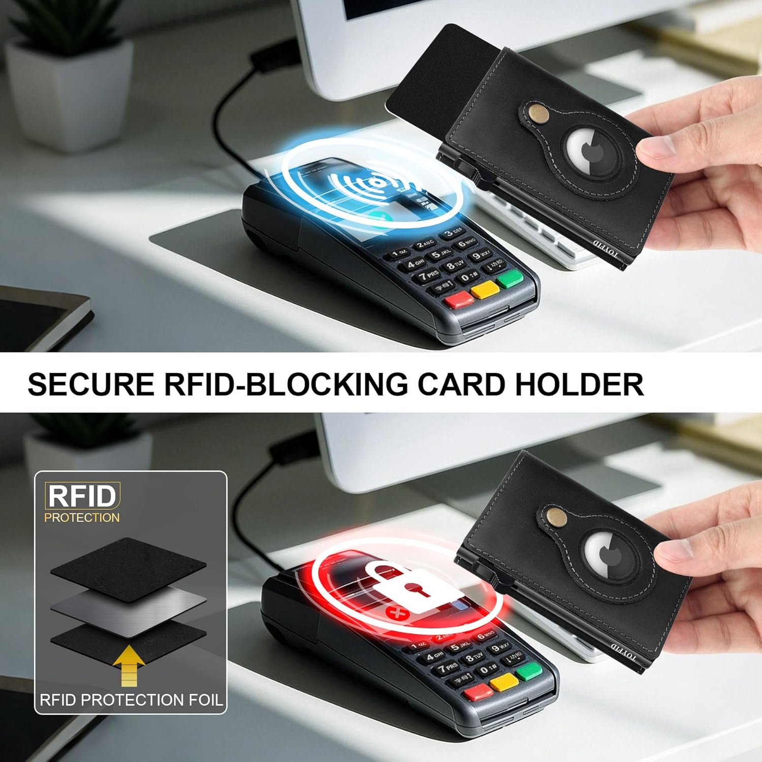 Detalle de TOYFID Leather Wallet for Men with RFID Blocking Pop Up Card Holder and AirTag Slot