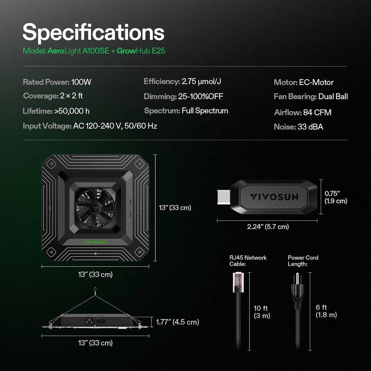 Thumbnail 5 de VIVOSUN AeroLight A100SE 100 W full spectrum grow lamp with integrated circulation fan (GrowHub E25 compatible)