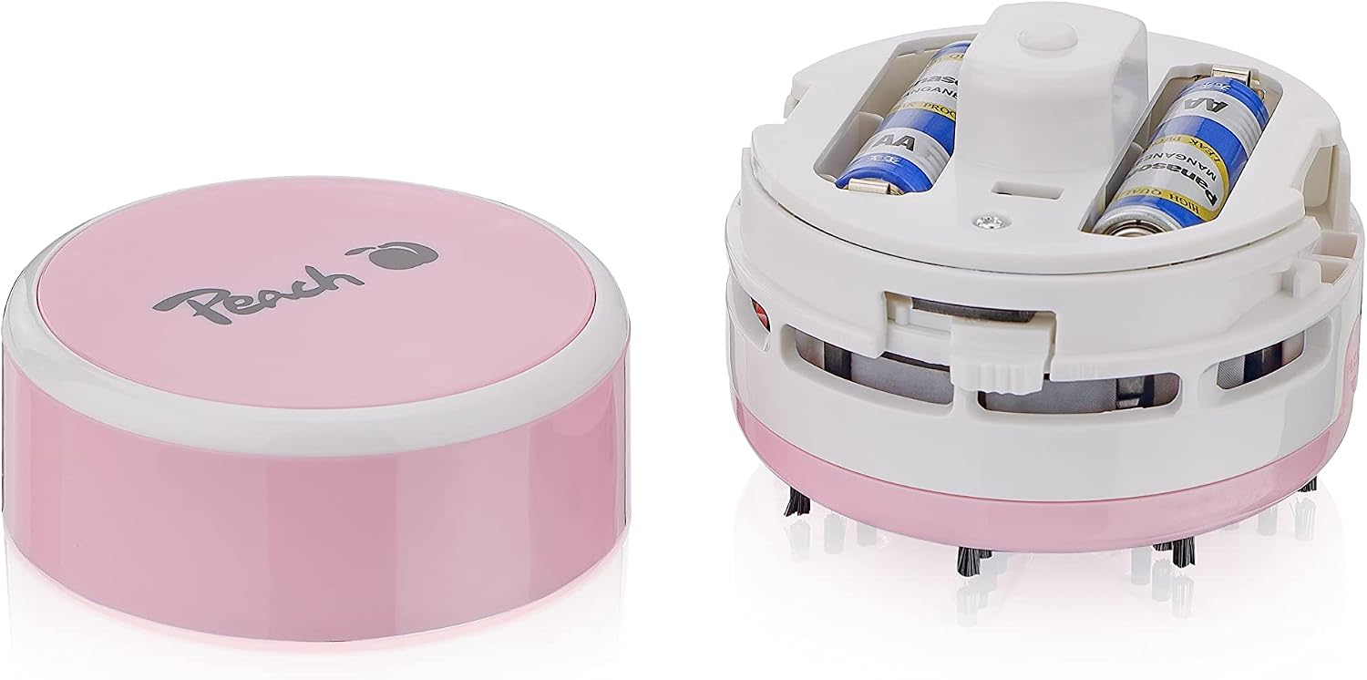 Detalle de Peach Mini Staubsauger PA105 – batteriebetrieben (2× AA), pink für Tisch, Tastatur & Auto