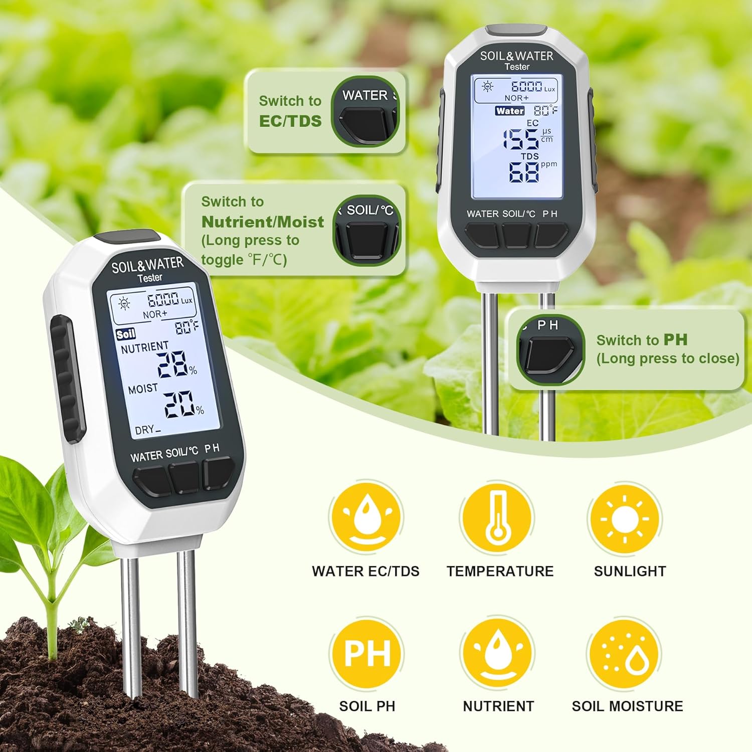 Detalle de YAMRON ph Messgerät Erde – 7-in-1 Bodentester mit EC/TDS, Fruchtbarkeit, pH, Temperatur, Feuchtigkeit und Licht