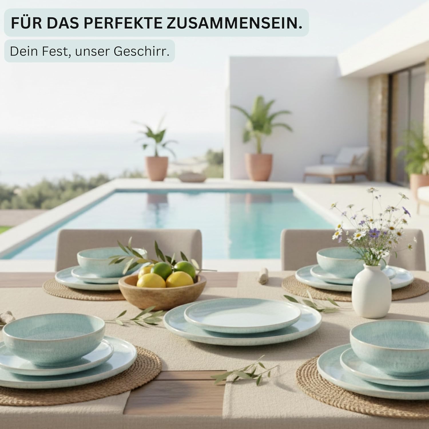 Detalle de SÄNGER Geschirrset Paros (12-teilig) für 4 Personen – Steingut handmade in Türkis
