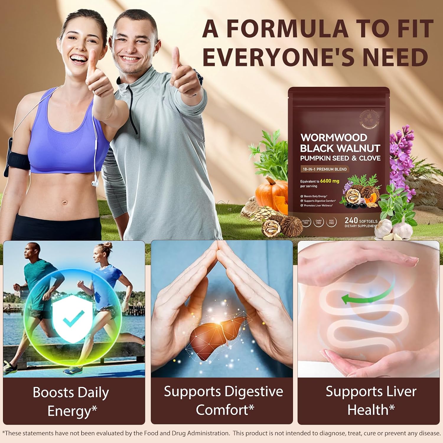 Detalle de FANSHI Wormwood, Black Walnut & Clove Supplement, 240 Softgels