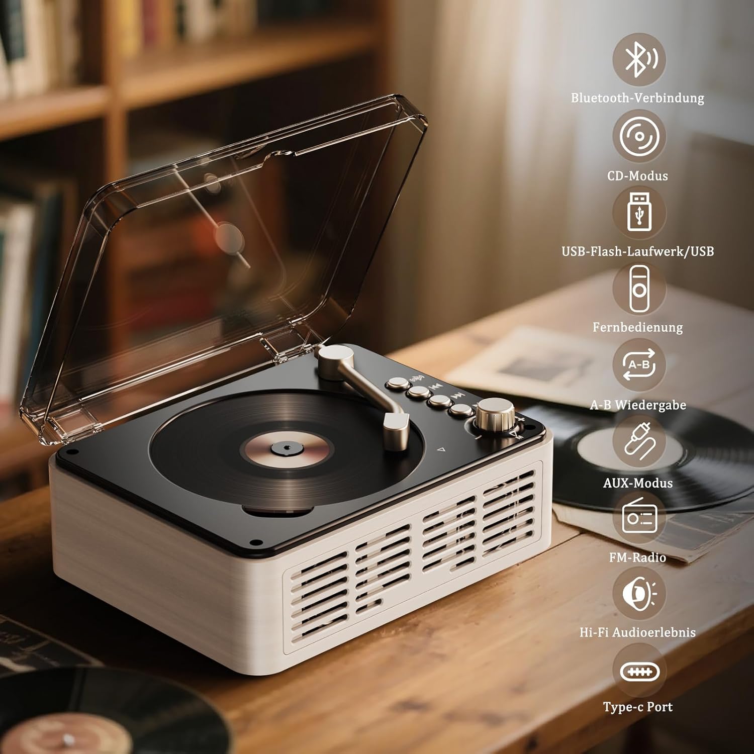 Detalle 2 de Tragbarer Bluetooth CD Player mit Fernbedienung (Timzeit) – Retro-CD-Spieler mit FM-Radio, USB/AUX und Kopfhörerausgang