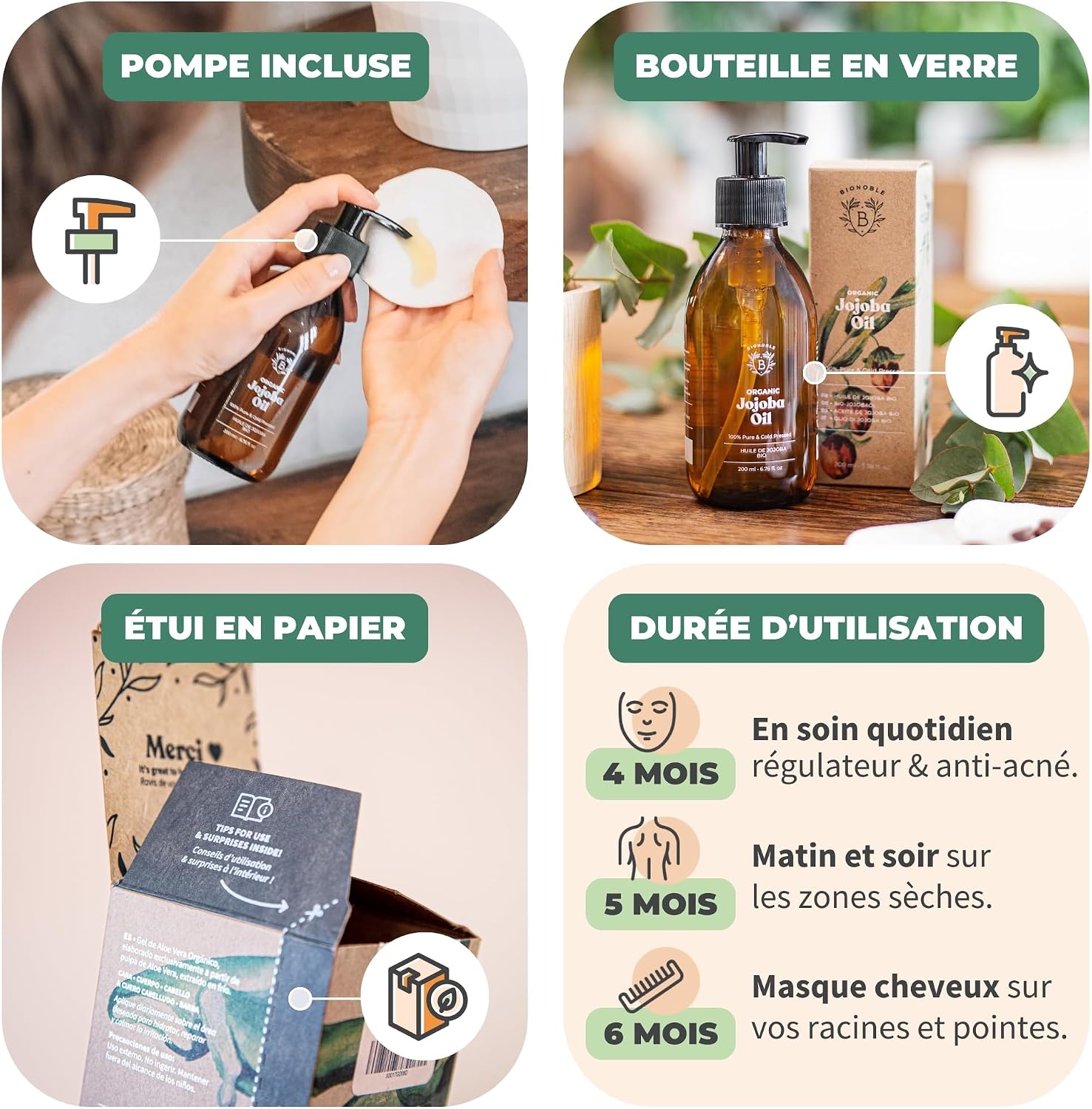 Detalle de BIONOBLE Huile de Jojoba Bio Pressée à Froid 100% Pure – Équilibre le Sébum, Adoucit, Anti-Acné