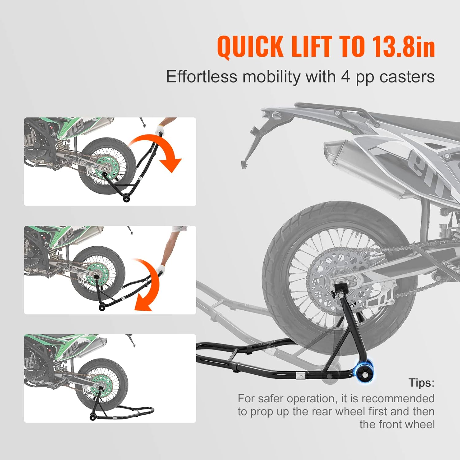 Detalle de Vevor Motorcycle Stand Lift 850 lb Front/Rear Combo (Front Wheel Fork + Rear Swingarm Spool)