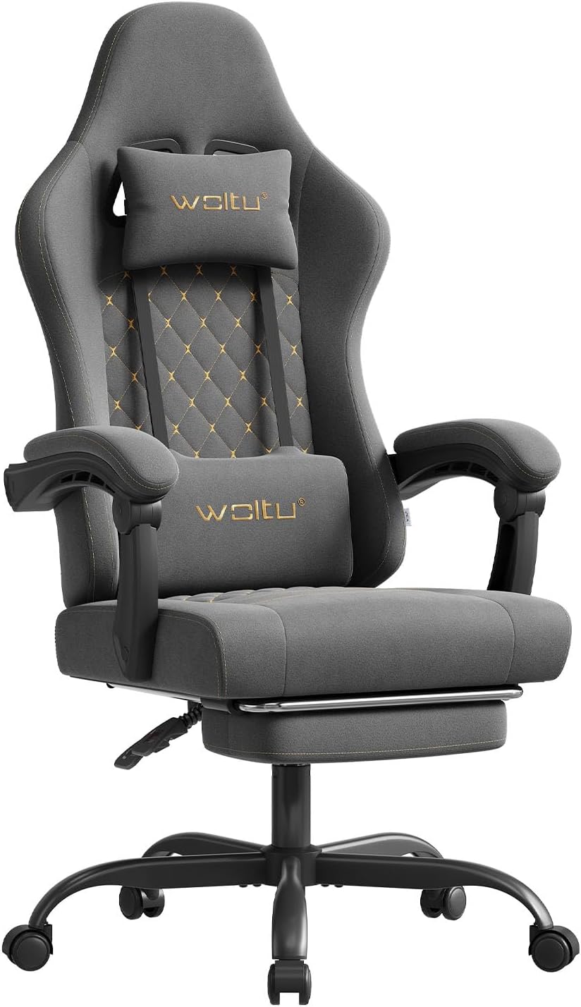 WOLTU Gaming Stuhl mit Massagefunktion, Lordosenstütze, 150-kg-Last & Fußstütze (Grau+Gelb)