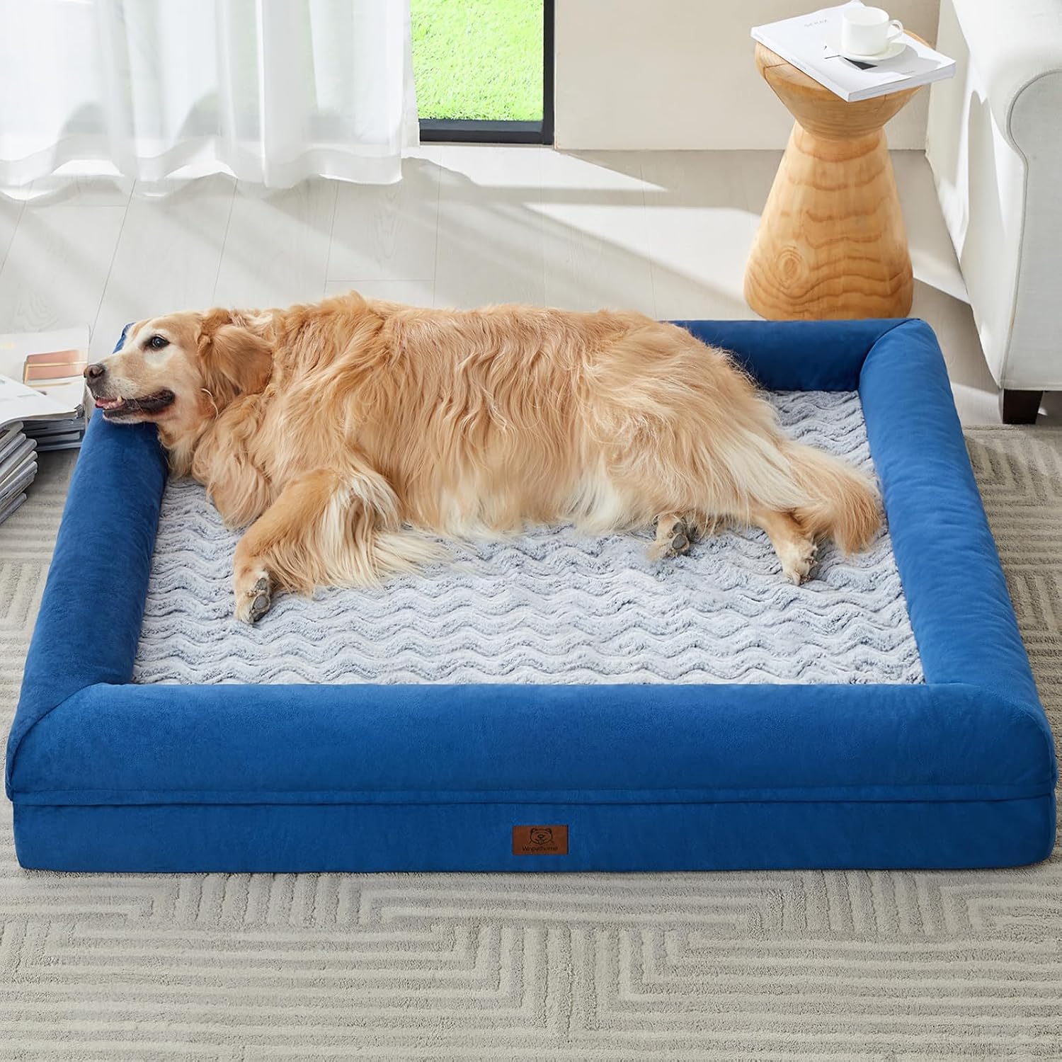 Detalle de WNPETHOME XXL Orthopedic Dog Bed, Memory Foam, Bolster Sides, Blue, 45 x 35 in