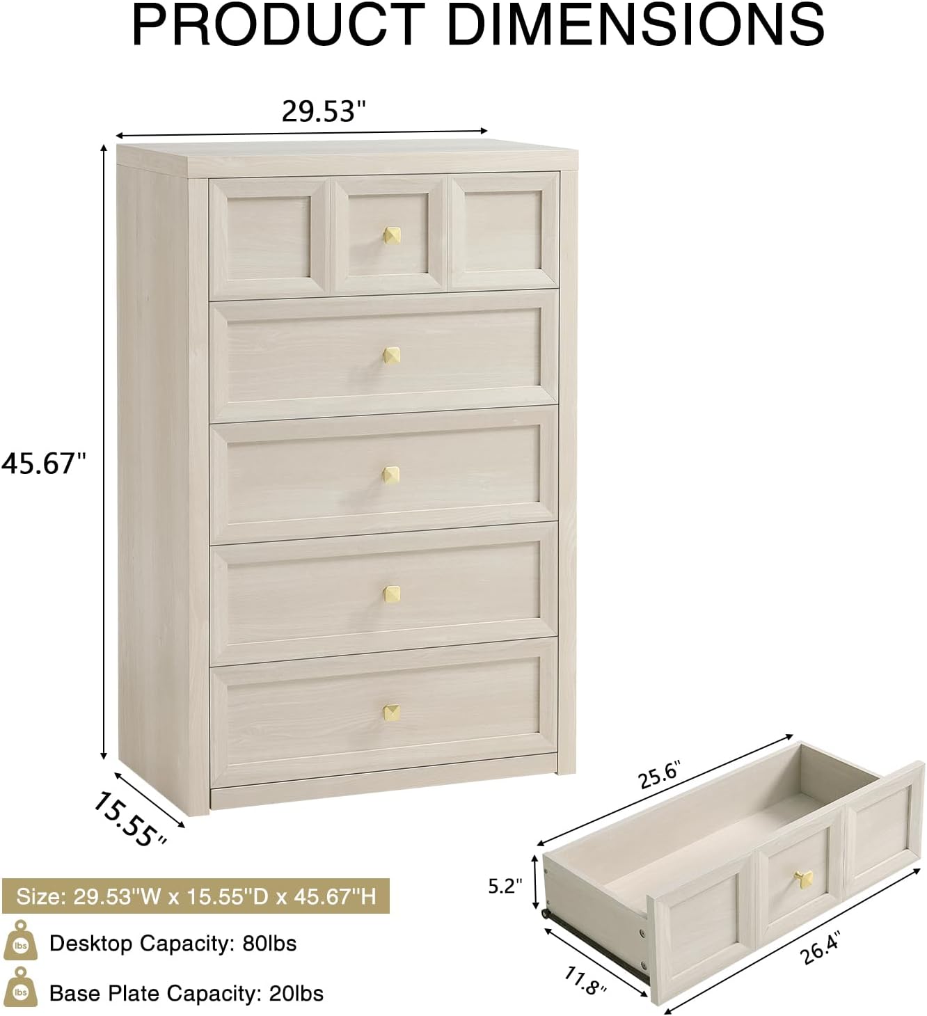 Detalle 2 de Yikingbay YBKDG002 5-Drawer Dresser, Gray-White Textured Finish