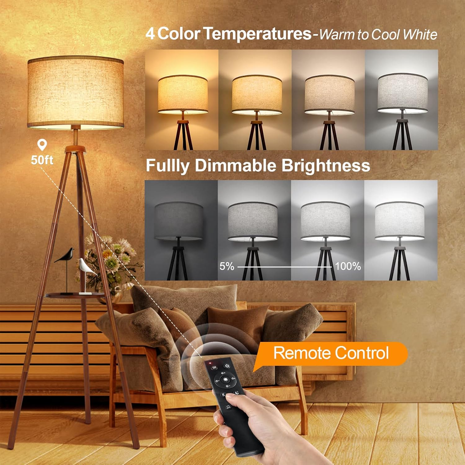 Thumbnail 1 de OUTON Solid Wooden Tripod Floor Lamp 810 lm