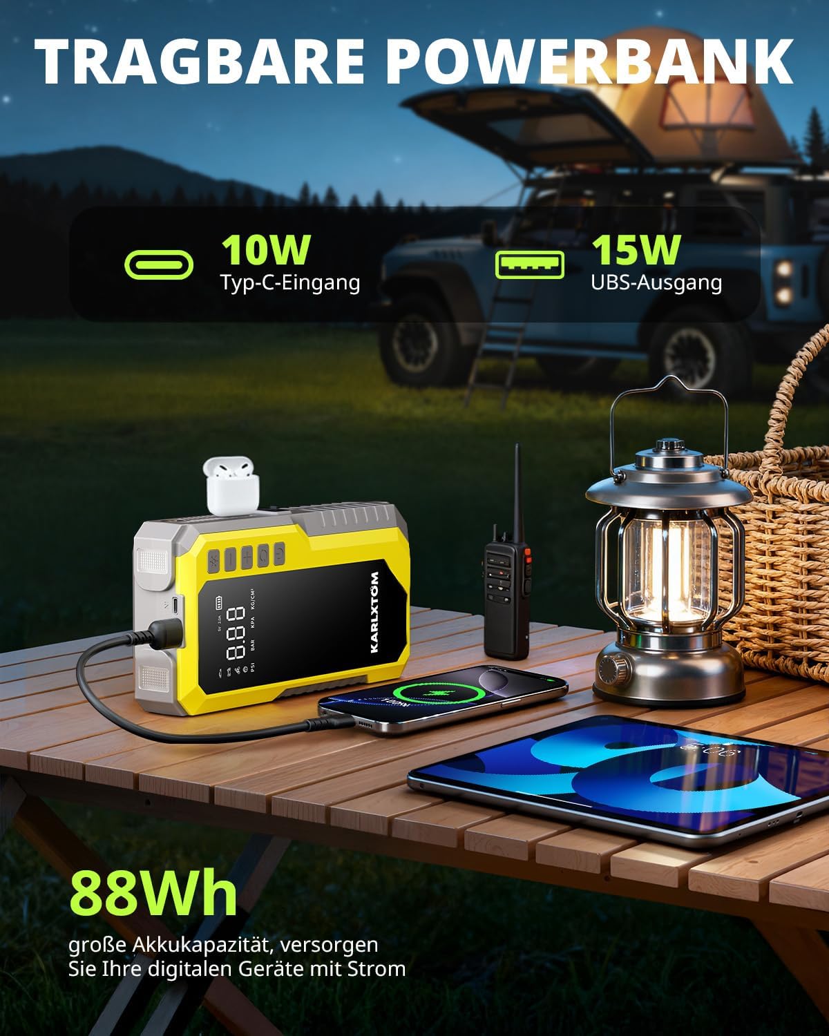 Detalle de Karlxtom Starthilfe Powerbank mit 4500 A, 190 PSI Kompressor, 88 Wh & LED-Licht
