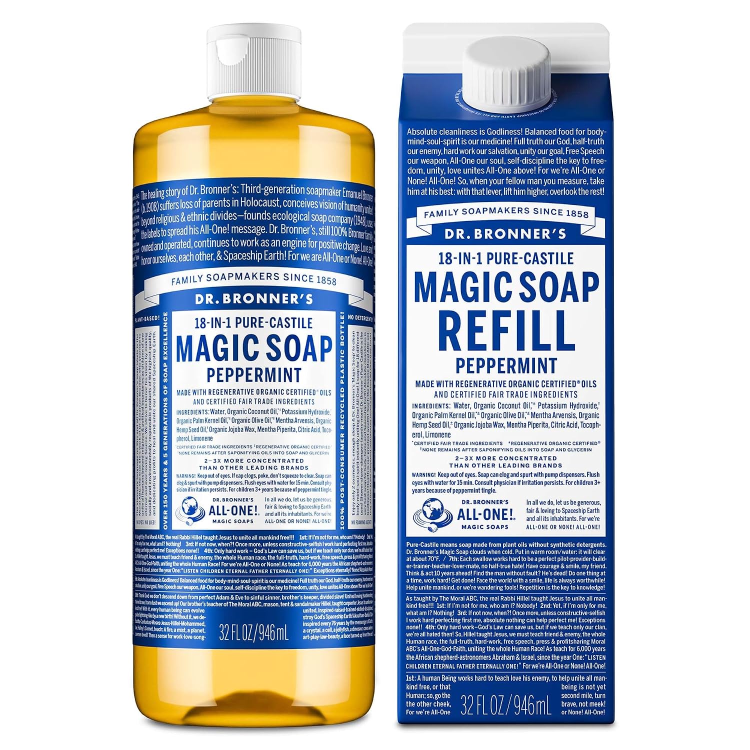 Detalle de Dr. Bronner’s Pure-Castile Peppermint Liquid Soap, 32 oz, 18-in-1