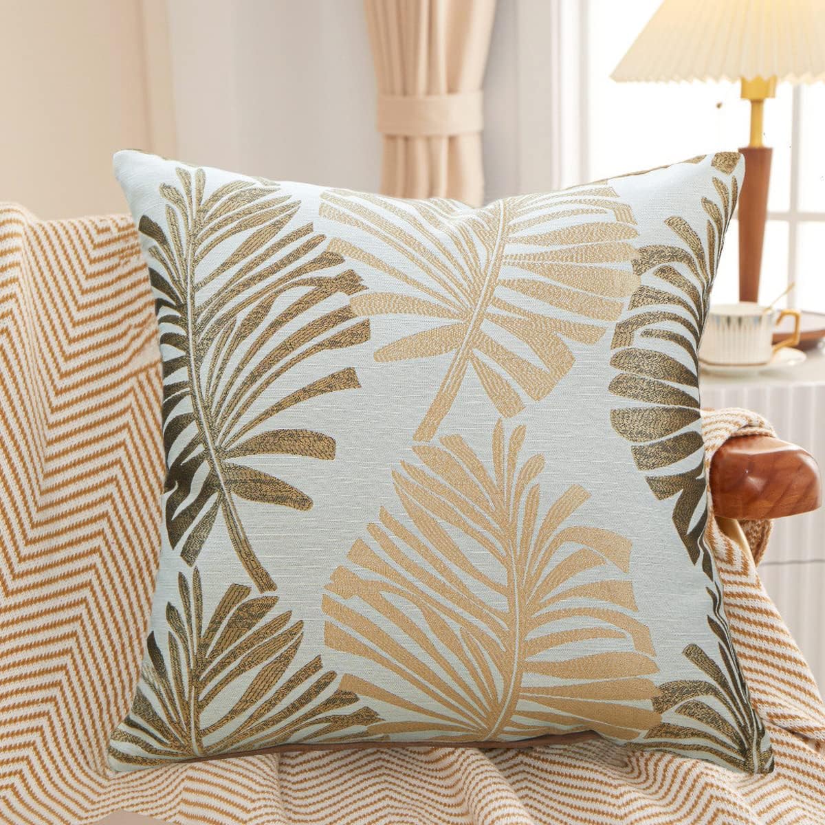 Detalle de Tennove Cushion Covers 50x50cm: Cotton Linen & Velvet Throw Pillow Covers Set of 2 in Khaki with Tropical Leaf Pattern