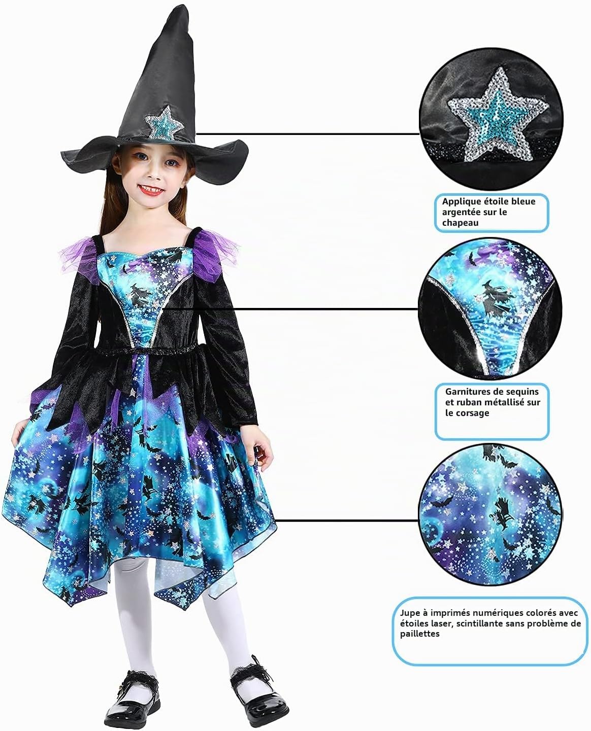 Detalle 2 de SPUNICOS Sparkle Witch heksenkostuum met blauwe glitterrok en hoed, 5-6 jaar