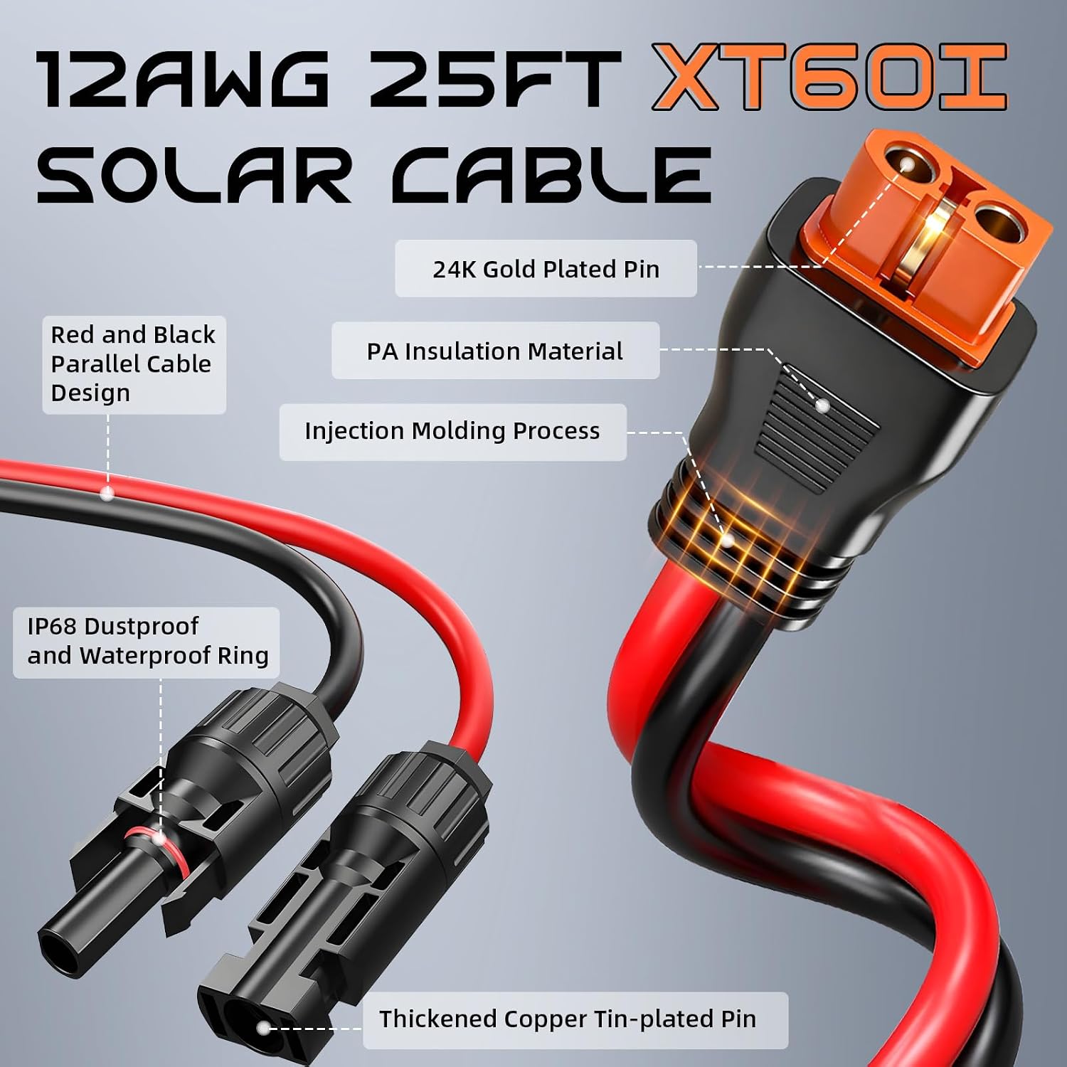 Detalle 2 de 25FT 12AWG Solar to XT60i Adapter Cable (Gibbab) – XT60I Solar Extension for LiFePO4, RV & Portable Power Stations