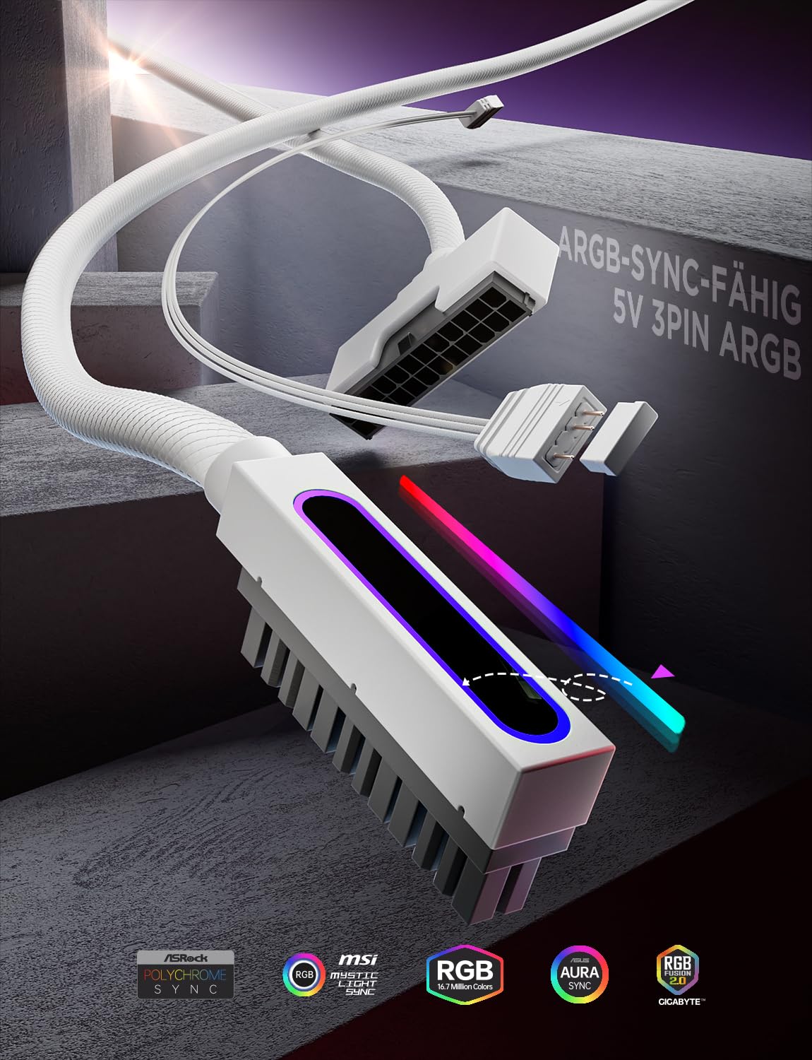 Detalle de AsiaHorse Hydrus 24-Pin ATX Verlängerungskabel (90° nach unten, 30 cm, 18AWG sleeved) – nur für ITX/Spezialbauten, Platz prüfen