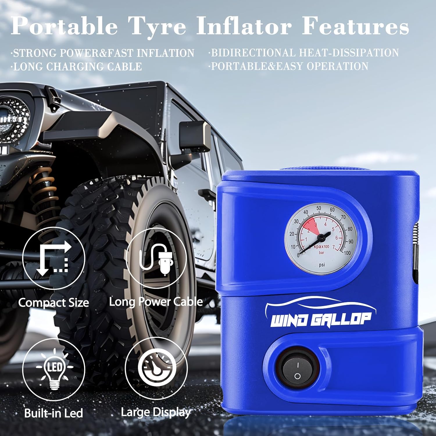 Thumbnail 4 de WindGallop 12V Car Tyre Inflator with Gauge and Adapters (Light Blue)