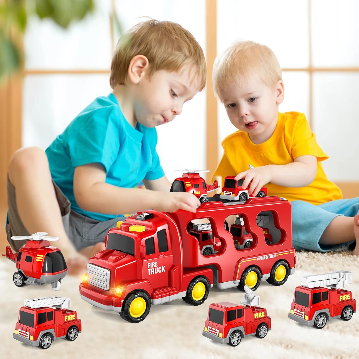 Detalle de Bennol SX600-22-11 5-in-1 Fire Truck Toy with Lights, Sound and 4 Mini Vehicles
