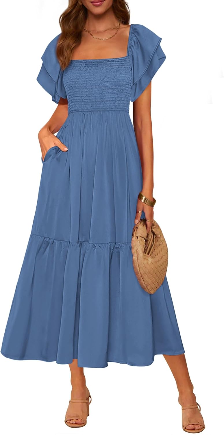 Thumbnail 6 de MASCOMODA Women's Summer Casual Midi Dress with Square Neck, Ruffle Sleeves, and Smocked High Waist