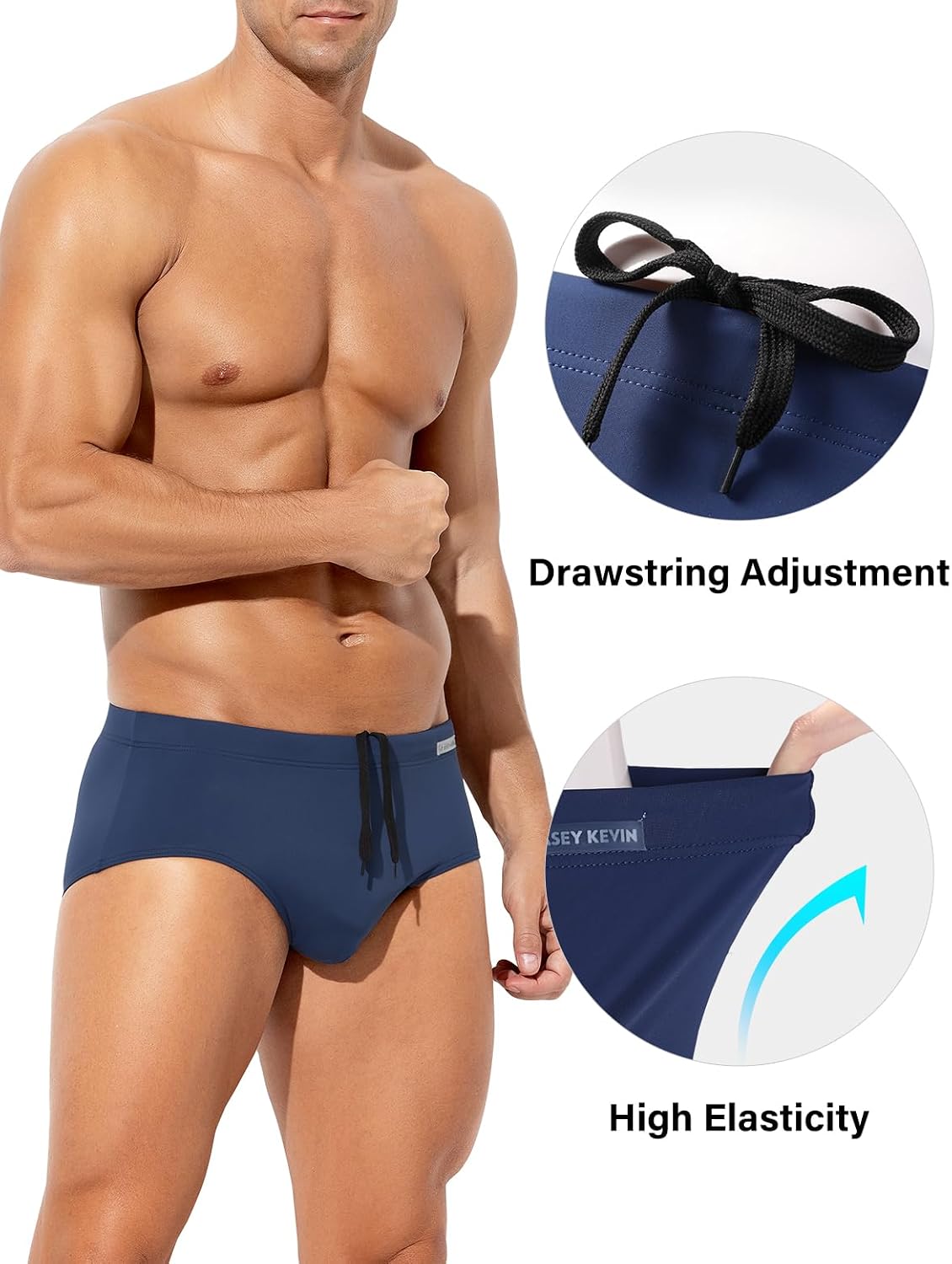Detalle de Casey Kevin Men's Solid Swim Briefs with Elastic Drawstring – Quick-Dry Beach Swimwear