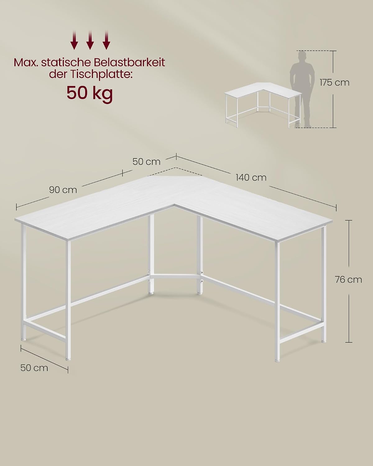 Detalle de VASAGLE Eckschreibtisch L-förmig 140 x 140 cm – Ahornweiß, LWD073W01V1